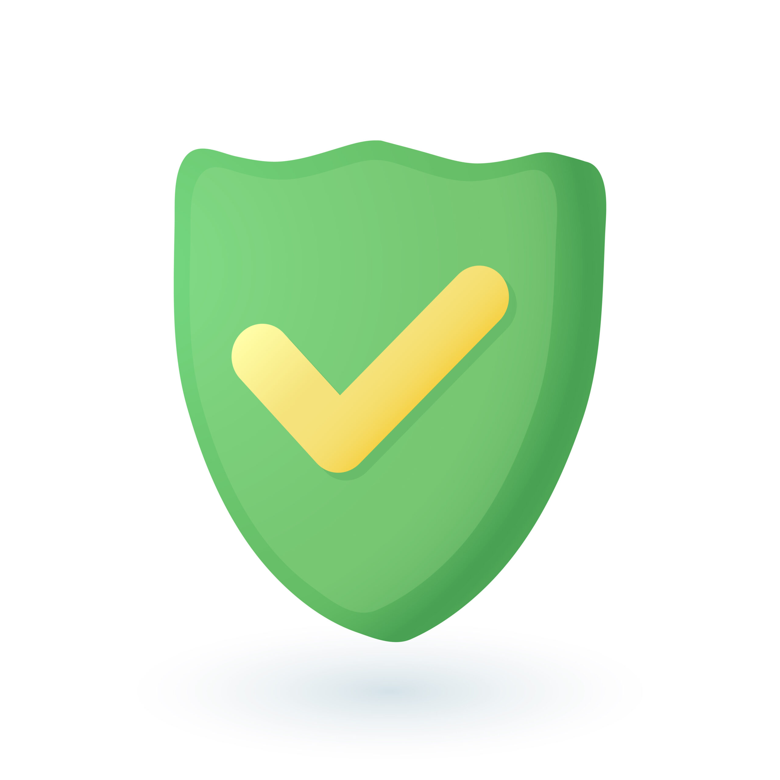 3d cartoon style green shield with checkmark icon. Realistic security symbol with tick, protection of personal data flat vector illustration. Protection, safety, guarantee, privacy concept